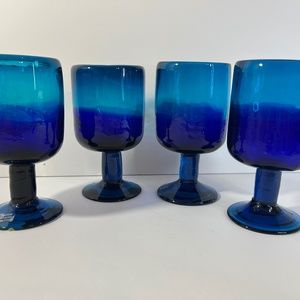 Crate and Barrel Hand Blown Salud Azul Wine Glasses Cobalt to Turquoise